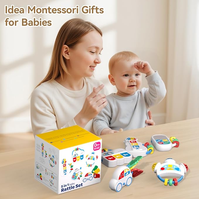 Baby Toys 0-6-12 Months: 5 in 1 Infant Musical Rtattle Teething Toys Sensory Learning Toys with Sounds, Newborn Shower Gifts for Boys & Girls-CubbioJoy