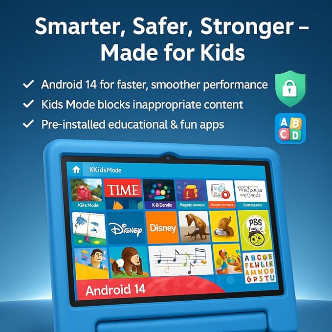 10.1" Kids Tablet Android 14 | 64GB Octa-Core 8GB RAM | Shockproof Case & Parental Control | 12H Fast Charge | HD Display w/Google Kids Space & Educational Apps | WiFi 6/Bluetooth/GPS | Ages 3-12-CubbioJoy