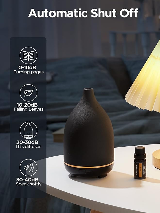 InnoGear Oil Diffuser, 150ML Ceramic Diffuser for Essential Oils Handcrafted Aromatherapy Diffuser Ultrasonic Cool Mist Humidifier with 2 Mist Modes Waterless Auto Off for Room Office, Black-CubbioJoy