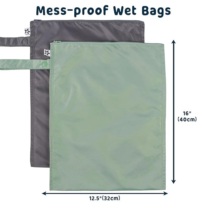 Tiny Twinkle Mess proof Waterproof Wet Dry Bag,2pk Reusable Wet Bags for Swimsuits&Baby Clothes,Leakproof Wet Bag,Waterproof Bag for Travel&Diaper bag,Wet Bags for Baby (Sage, Charcoal)-CubbioJoy