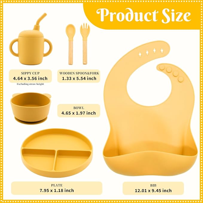 Silicone Baby Feeding Set 6 Pcs, Baby Led Weaning Supplies, Baby Feeding Supplies Set BPA Free, Baby Essentials for Newborn Gift Yellow-CubbioJoy
