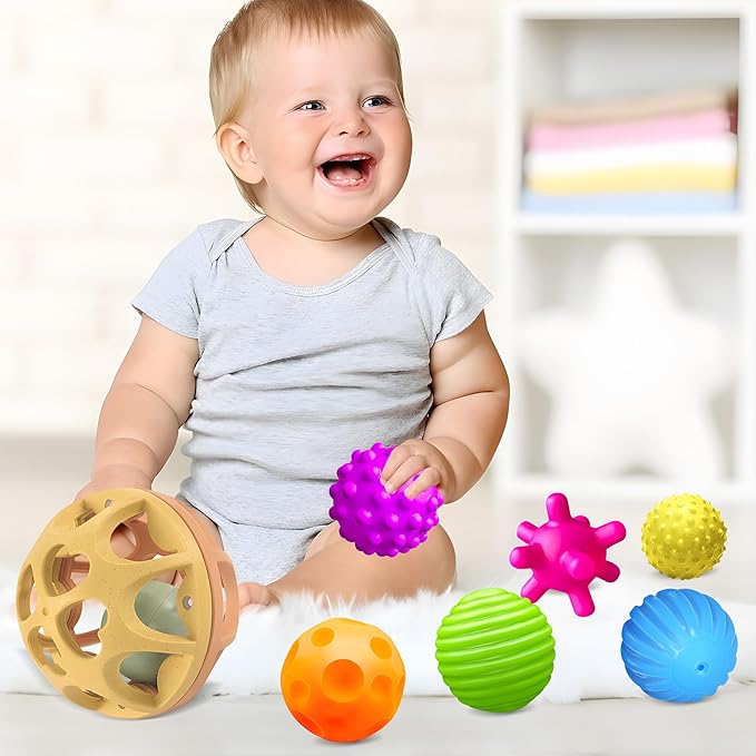 Montessori Toys Sensory Balls for Babies, Colorful Textured Sensory Toys for Babies 1-3, Hand Catching Baby Balls, Wheat Straw Baby Rattle Baby Toys Newborn Gifts for 6-12 Months-CubbioJoy