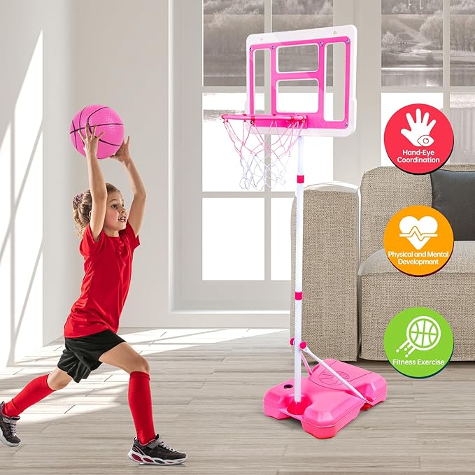 Kids Basketball Hoop with Stand, Adjustable Height 3.5FT-6.2FT Toddler Basketball Hoop, Basketball Goal Outdoor Indoor Toys for Girls Age 3 4 5 6 7 8 Years Old Gifts(Pink)-CubbioJoy