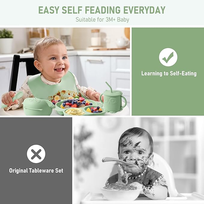 Baby Weaning Set, Silicone Feeding Set(10 Pcs), Toddler Set with Adjustable Bib, Suction Bowl, Plate, Fork, Spoon, Water & Snack Cup Kit, Led Kit for Babies, and Kids Green GJTZ-04-CubbioJoy