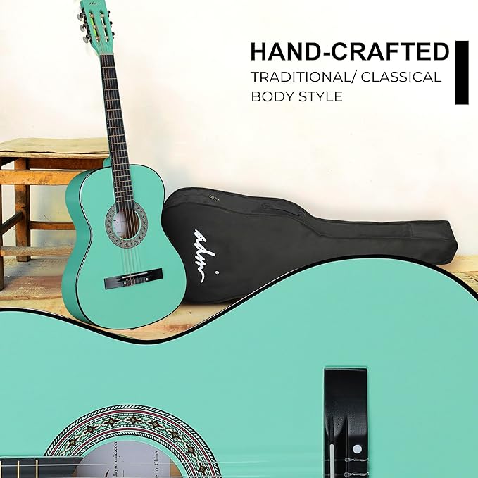 ADM Beginner Acoustic Classical Guitar 38 Inch Nylon Strings Wooden Guitar Bundle Kit for Kid Boy Girl Student Youth Guitarra Online Lessons with Gig Bag, Strap, Tuner, Strings, Cyan Green-CubbioJoy