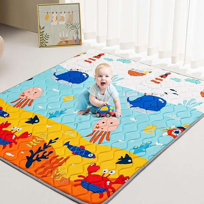 Baby Play Mat - Thicken 71x59 Inch Soft Foam Crawling Mat for Playpen & Floor, Non-Slip Waterproof Playmats for Infants & Toddlers, Portable Foldable & Machine Washable, Ocean World-CubbioJoy