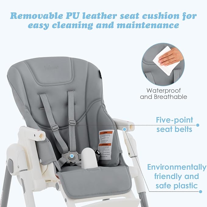 INFANS High Chair for Babies & Toddlers, Foldable Highchair with Multiple Adjustable Backrest Footrest Seat Height, Removable Tray, Detachable PU Leather Cushion, Built-in Rear Wheels (Light Grey)-CubbioJoy