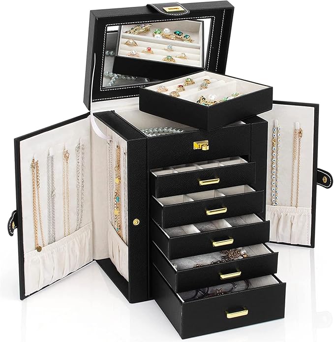 AKOZLIN Jewelry Box Organizer Functional Leather Jewelry Storage Case for Women Girls Ring Necklace Earring Bracelet Holder Organizer with Mirror Black-CubbioJoy