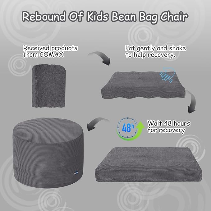COMAX Kids Bean Bag Chair Turn into Beanbag Bed, Toddler Bean Chair Corduroy for Girl Boy Sleeping, Lazy Children Bean Bags with Filler, Convertible Child Floor Mattress, Charcoal-CubbioJoy