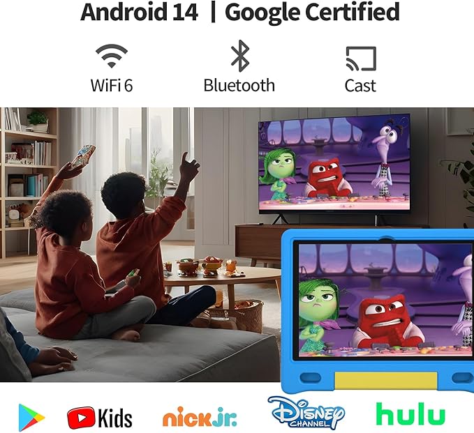 JREN Kids Table 10.1" |Android 14 Tablet for Kids|64GB Storage|Octa-Core|WiFi |Cameras|Parental Control|Kids Content|Case Included Great Gift for Children Ages 3-12 Years Old Blue-CubbioJoy