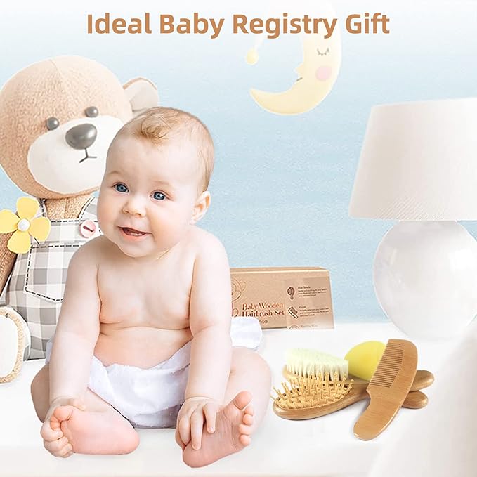 Baby Hair Brush and Comb Set (4-Piece) for Newborn - Wooden Baby Hairbrush Set,A Beechwood Brush, Baby Airbag Brush, Beech Handle Brush, and Prevent Cradle Cap Silicone Brush - Ideal Registry Gift-CubbioJoy