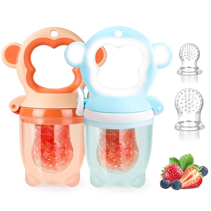 Baby Fresh Fruit Feeder Pacifier, 2 Pack HAOBAOBEI Baby Teether for Chewing, Freezable Infant Teething Toy, Teething Relief, Food Feeder with 4 Silicone Pouch, BPA Free - Monkey (Orange & Blue)-CubbioJoy