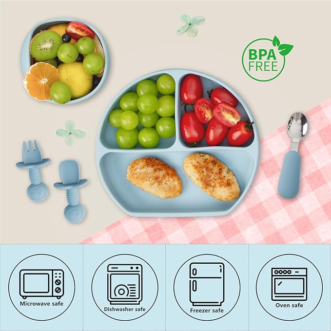 Baby Silicone Feeding Set, 13PCS Baby Self Feeding Set, Toddler Led Weaning Utensils Sets with Suction Bowl and Plate, 3 Set of Baby Spoons and Forks, Adjustable Bid, Sippy Cup with Straw and 2 Lids-CubbioJoy