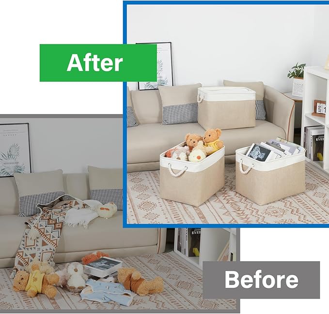 Bidtakay Large Storage Baskets for Organizing Fabric Closet Organizers Storage Bins with Handles 3-Pack 16x11.8x11.8 Inch Collapsible Baskets for Shelves Clothes Home Organization L-White&Beige-CubbioJoy