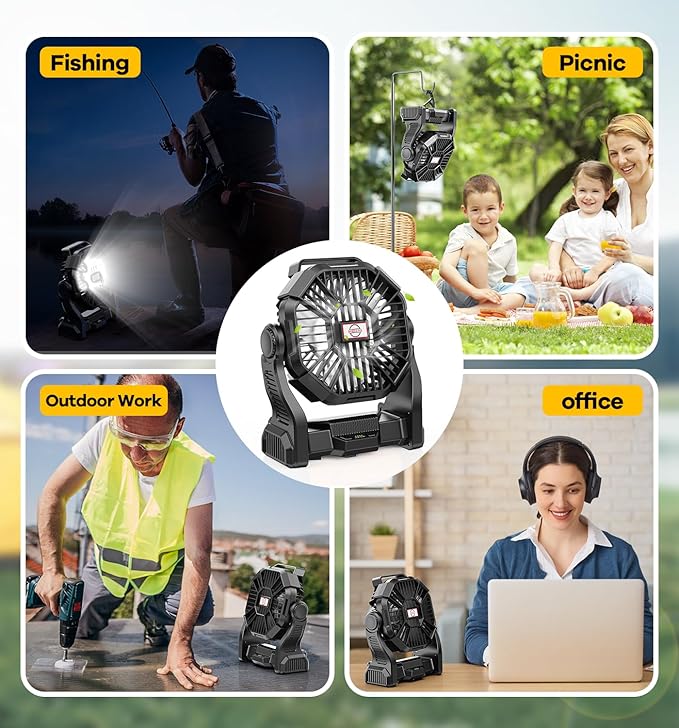 30000mAh Portable Battery Powered Camping Fan - with LED Light, Quiet Battery Operated, Camping Gear for Travel, Tent, Beach, Car or Hurricane Power Outages, Black-CubbioJoy