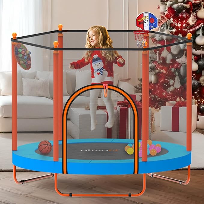 Ativafit 60'' Rebounder Trampoline Indoor Outdoor for Kids Ages 1-8, 5 FT Recreational Toddler Trampoline with Safety Enclosure Net Gifts with Basketball Hoop Dartboard Ocean Bal-CubbioJoy