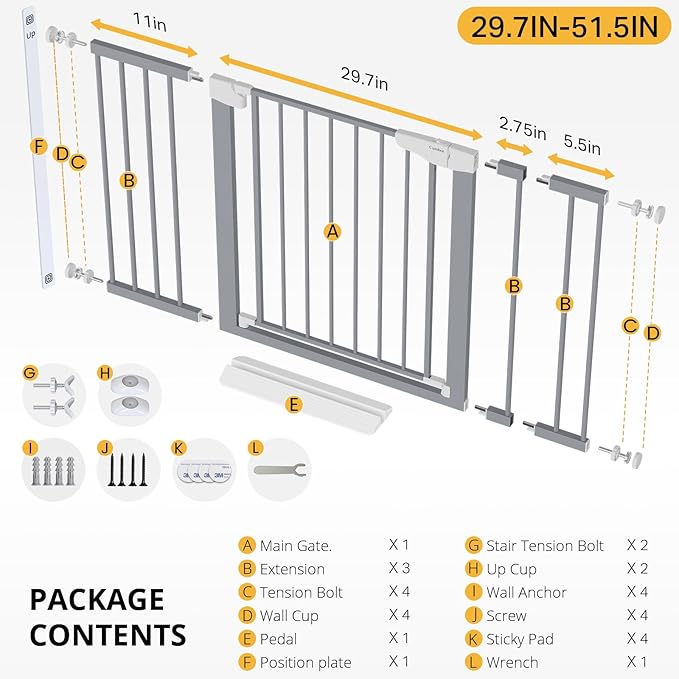Cumbor 29.7"-51.5" Extra Wide Baby Gate for Stairs, Mom's Choice Awards Winner-Dog Gates for Doorways, Pressure Mounted Walk Through Pet Gate Indoor, Safety Auto-Close Child Gate for Kids, Gray-CubbioJoy