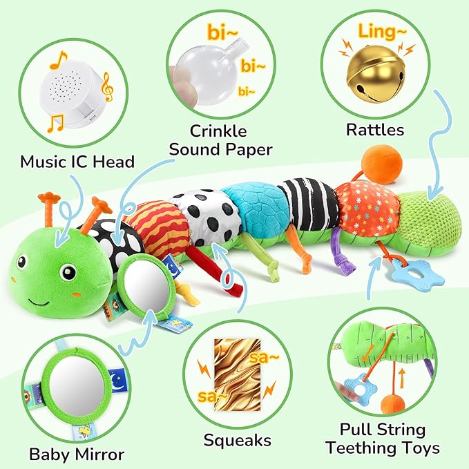 Baby Toys 6-12 Months Music Caterpillar Infant Toys Stuffed Animals 0-3-6 Months Tummy Time Teething Sensory Toys with Mirror Rattle&Pull String for Boys Girls Birthday Gifts|Green,Knot Limb-CubbioJoy