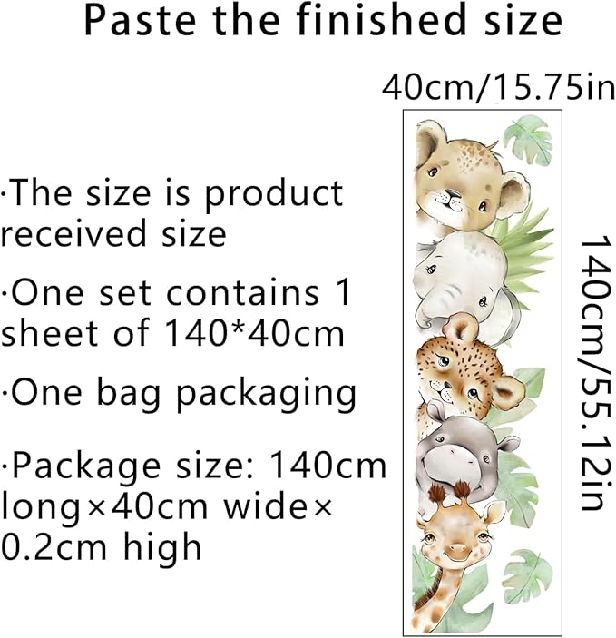 55.12 x 15.75 InchWatercolor Jungle Animal Wall Decals Tiger Elephant Zebra Giraffe Hippo Forest Wall Stickers Removable Peel and Stick Stickers for Baby Nursery Playroom Bedroom Classroom-CubbioJoy