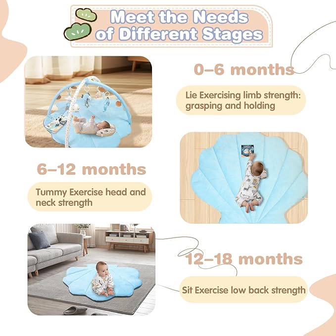 Baby Play Gym Mat, Oversize Tummy Time Activity Mat for Babies 0-6 Months, Shells Shaped Baby Play Mat with 6 Detachable Toys, Baby Mat for Floor Sensory Exploration Motor Skill Development (Blue)-CubbioJoy