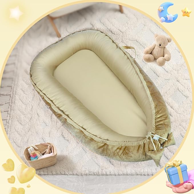 Baby Lounger - Baby Lounger for Newborn 0-24 Months, Breathable & Soft Cotton and Velvet Cover Baby Nest, Portable Tummy Time Lounger for Home and Travel, Ideal Baby Essentials & Shower Gifts-CubbioJoy