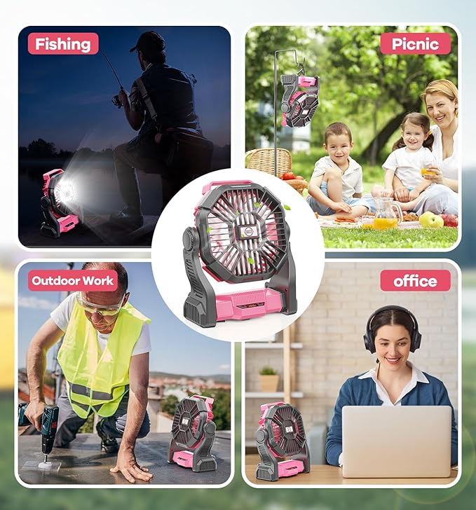 30000mAh Portable Battery Powered Camping Fan - with LED Light, Quiet Battery Operated, Camping Gear for Travel, Tent, Beach, Car or Hurricane Power Outages, Pink-CubbioJoy