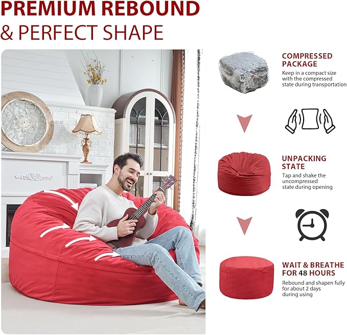 5FT Bean Bag Chair, Large Bean Bag Chairs with Memory Foam Filled, Fluffy Beanbag Sofa with Dutch Velvet Cover, Round BeanBag Chairs for Living Room, Playroom - Red-CubbioJoy