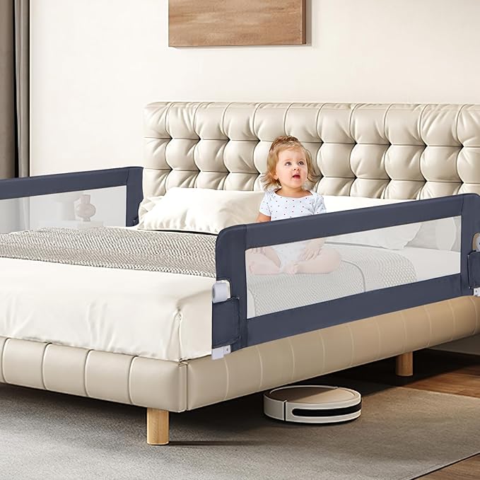 BABY JOY Bed Rails for Toddlers, Extra Long, Swing Down Safety Bed Guard for Convertible Crib, Folding Baby Bedrail for Kids Twin, Double, Full Size Queen & King Mattress (60-Inch, Dark Blue)-CubbioJoy