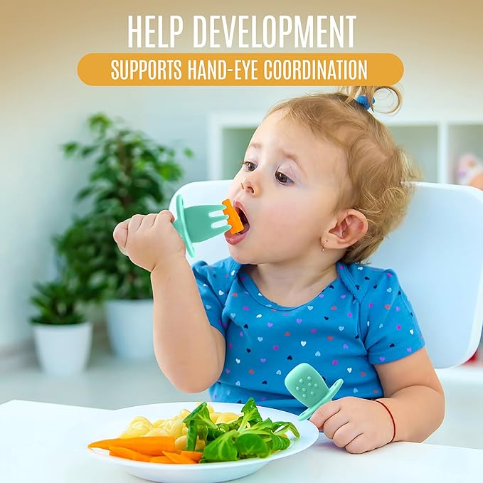 4pc Silicone Baby Spoons Self Feeding Baby Utensils 6-12 Months - 3 Baby Spoon - 1 Baby Fork - Toddler Cutlery Set - BPA Free, Dishwasher Safe - Baby Eating Essentials (Pink/Blue)-CubbioJoy