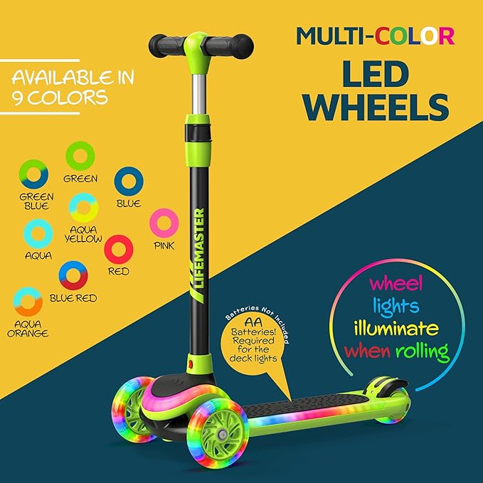3-Wheel Kids Scooter with Multi-Color Lights on Deck & Wheels – 5-Height Adjustable Handlebar, Wide Anti-Slip Deck, Child Safety Certified, Boys & Girls Ages 3+ Supports Up to 150 lbs-CubbioJoy