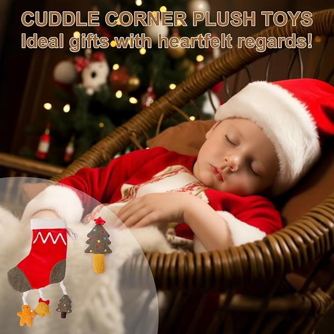 Organic Cotton Stuffed Animal Rattle Baby Toys, Plush Stocking Cuddle Cloth and Hand Grip Christmas Tree Ring Rattles Plush Toy Set for Newborns Infant Boys Girls, 2 PCS-CubbioJoy