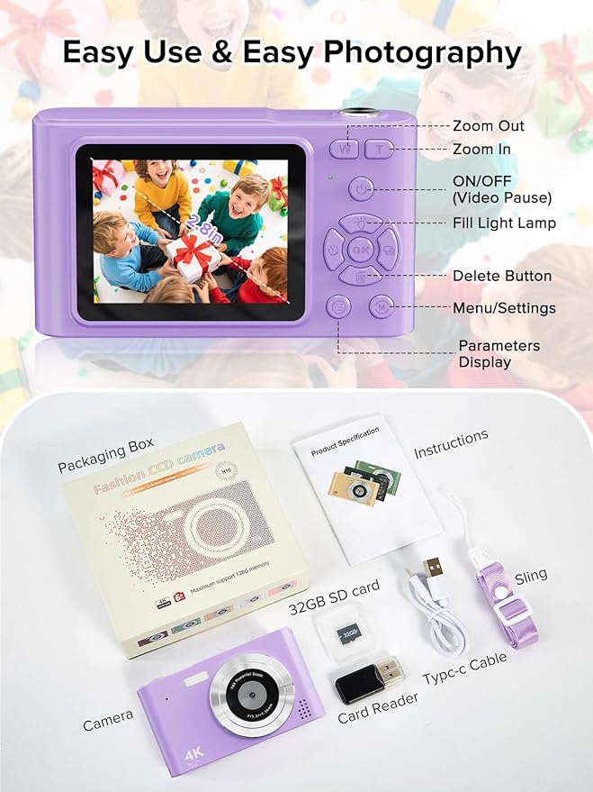 Digital Camera, 44MP Full HD 1080P Point and Shoot Camera with 64GB Card, Anti Shake 16X Zoom Compact Volg Cameras, Portable Small Digicam Gift for Kids, Ages Teen Girl Boy - Purple-CubbioJoy