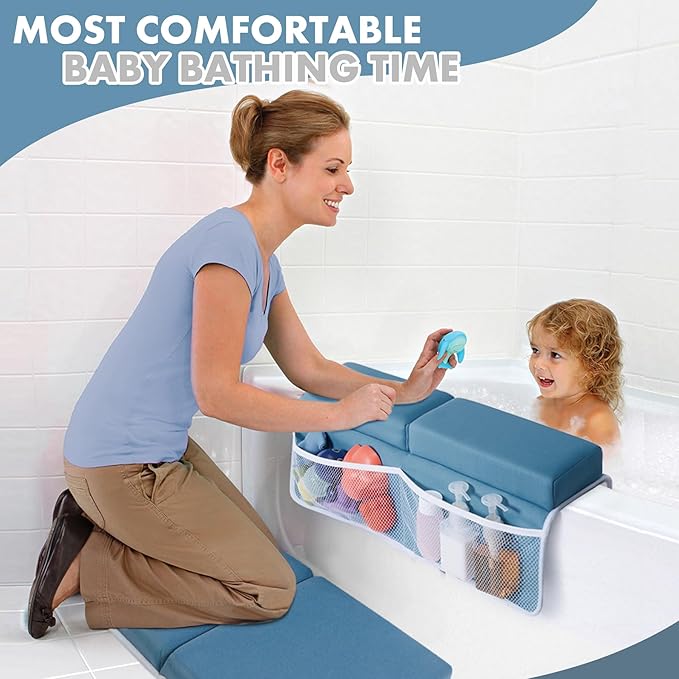 beiens Bath Kneeler and Elbow Rest Pad Set - 1.5'' Comfortable Thick Baby Bath Kneeler Pads, Quick Dry Soft Kneeling Pad for Baby Bath Time, Non-Slip Knee& Arm Support Bathtub Mat with Toys Organizer-CubbioJoy
