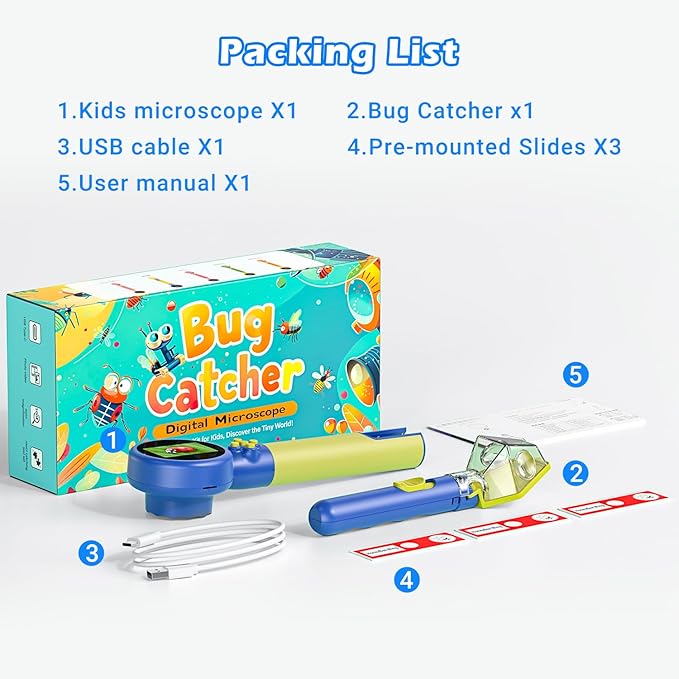 2 in 1 Kids Microscope with Bug Catcher,HD 500X Digital Microscope for Kids with 2" Screen,Photo and Video,STEM Educational Science Kit Learning Toys for Age 3-12 Girls & Boys Birthday Gifts (Blue)-CubbioJoy