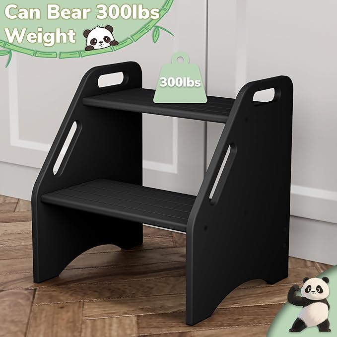 AMBIRD Wooden Step Stool, 15.75'' H Potty Training Toddler 300 lbs Capacity with Safety Non-Slip Pads and Handles, Step Stools for Kids, Bamboo 2-Step Stool for Bathroom, High Beds (Black)-CubbioJoy