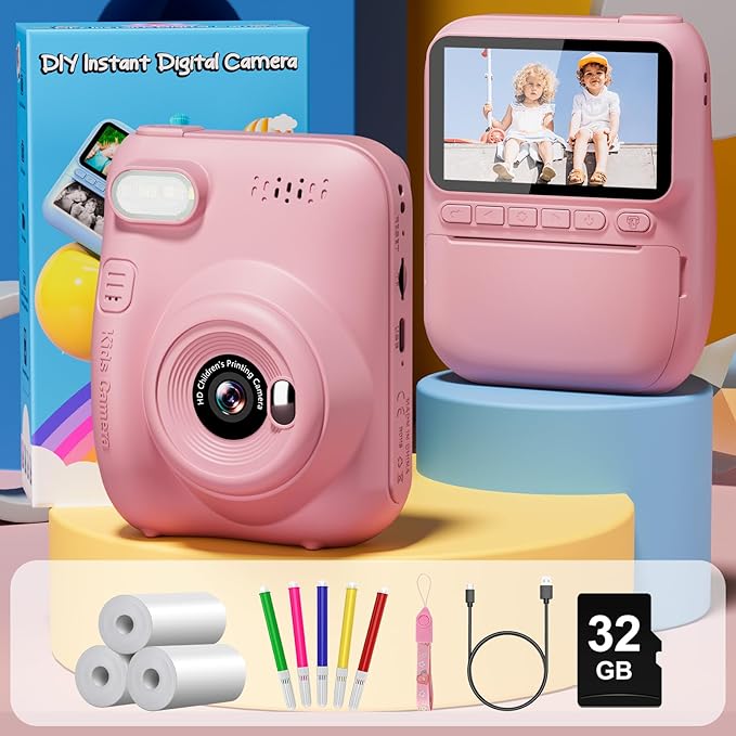 Instant Print Camera for Kids, 3.0" HD 32MP Kids Camera 1080P with 3 Rolls of Printer Paper, Birthday Gifts Toy for 3-12 Year Old Girls Boys with 32GB SD Card-Pink-CubbioJoy