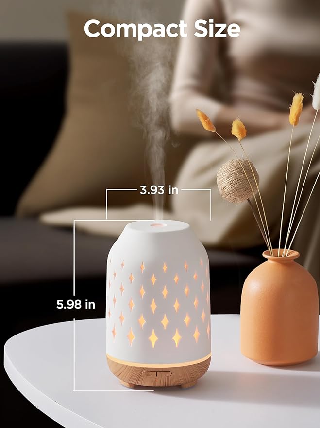 InnoGear Aromatherapy Diffuser, 150ml Ceramic Diffuser Ultrasonic Humidifier Cool Mist Essential Oil Diffusers for Home Air Diffuser with 2 Mist Modes Waterless Auto Off, White-CubbioJoy