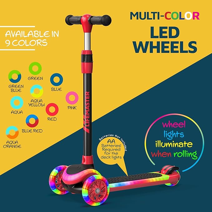 3-Wheel Kids Scooter with Multi-Color Lights on Deck & Wheels – 5-Height Adjustable Handlebar, Wide Anti-Slip Deck, Child Safety Certified, Boys & Girls Ages 3+ Supports Up to 150 lbs-CubbioJoy