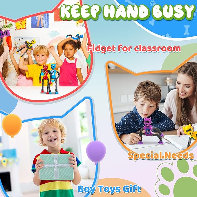 Cool Robot Dog Pop Tubes Sensory Fidgets Toddler Toy 4PC Travel Toys Airplane Car Activities Autistic Road Trip Toys Suction Tube for Kid Boy Year Old Ages 3 4 5 6 7 8 ADHD Autism Fidget Classroom-CubbioJoy