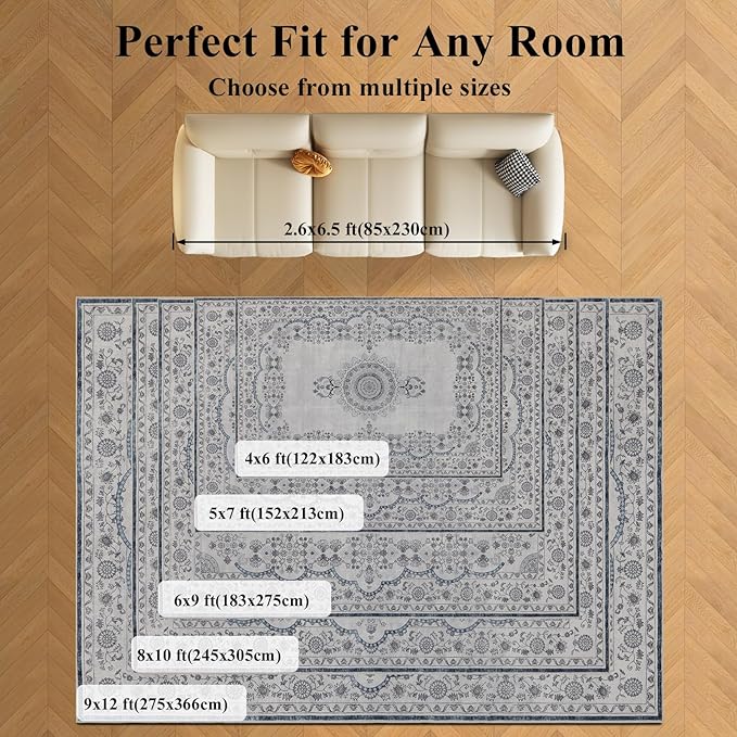9x12 Area Rug Living Room Rugs, Stain Resistant Washable Rug, Vintage Large Non-Slip Backing, Low Pile Lightweight Print Rug for Bedroom Dinning Room Home Office (Grey/Blue)-CubbioJoy