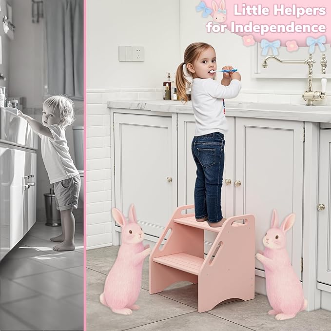 AMBIRD Wooden Kids Step Stool, 15.75'' H Potty Training Toddler 300 lbs Capacity with Safety Non-Slip Pads and Handles, Kitchen Step Stools for Kids, Bamboo Step Stool for Bathroom, High Beds (Pink)-CubbioJoy