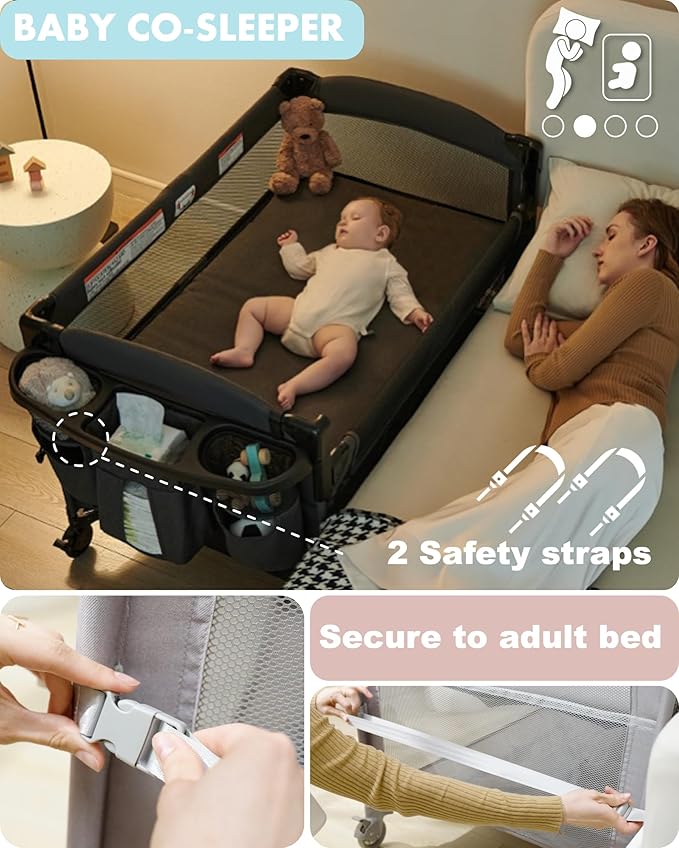 AirClub 4 in 1 Baby Bassinet Bedside Sleeper, 4 Functions Crib, Playard, Portable Changing Table, Bassinet for Newborn Baby, Bedsaide Bed w/Wheels&Brakes-CubbioJoy