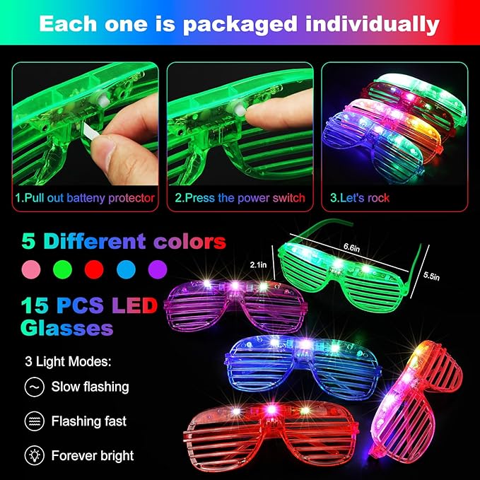 290 PCS Glow in the Dark Party Supplies, 200 Glow Sticks, 24 Fiber Optic Wands, 15 LED Glasses, 33 Finger Lights and 18 LED Hair Clips for Wedding, Birthday, Concert, Raves, New Year-CubbioJoy