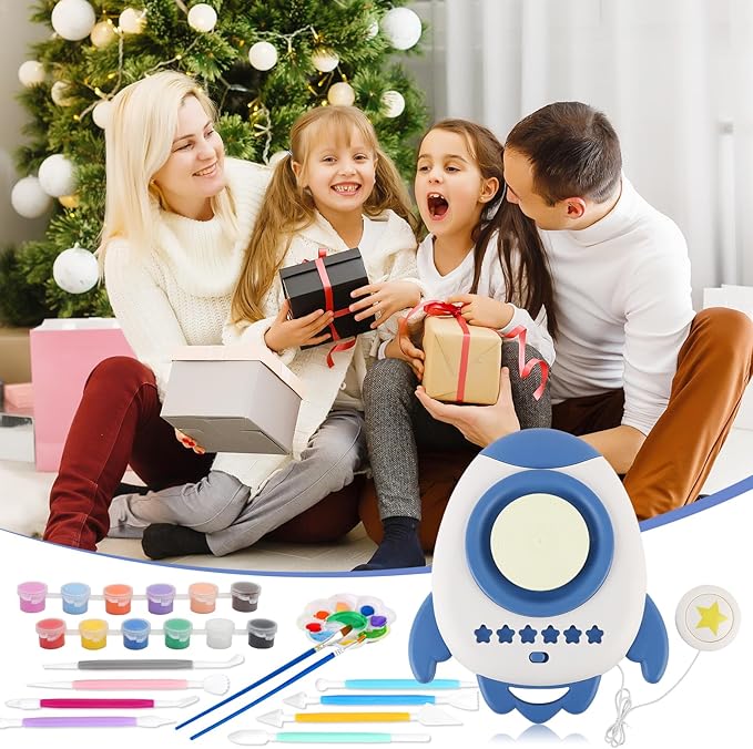 deAO Pottery Wheel for Kids Complete Painting Set for Beginners Mini Pottery Wheel Kit with Air Dry Clay Tools, Arts & Crafts Clay Wheel Toys Birthday Gifts for Girls Boys Age 3+ (Blue)-CubbioJoy
