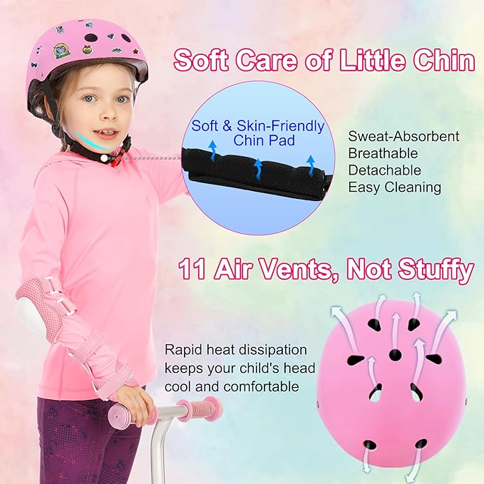 Kids Bike Helmet with DIY Stickers and Knee Pads Elbow Pads Wrist Guard Set for Ages 3-8-14 Toddler Boys Girls Helmet for Roller Skates Cycling Skateboarding Bicycle Scooter-CubbioJoy