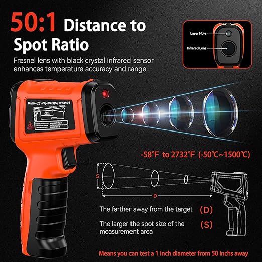'-58°F to 2732°F Infrared Thermometer Temperature Gun with Thermocouple Probe, 50:1 Laser Temperature Gun for Humidity Measurement, BBQ, AC, High Temp Gun for Engine, Kiln, Forging, Industrial Use-CubbioJoy