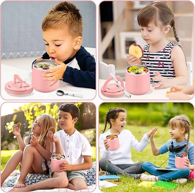 20oz Insulated Vacuum Food Jar with Buckle Lid,Soup Thermo for Hot Food Kids,Wide Mouth Leakproof Stainless Steel Lunch Container with Spoon-Pink-CubbioJoy