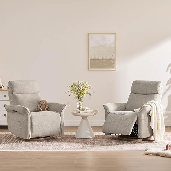 CHITA Power Recliner Chair, Electric Triple-Motor Swivel Glider Nursery Rocking Chair with Adjustable Power Headrest and Lumbar Support, GREENGARD Gold Certified, Solid Wood Base, Khaki Grey-CubbioJoy