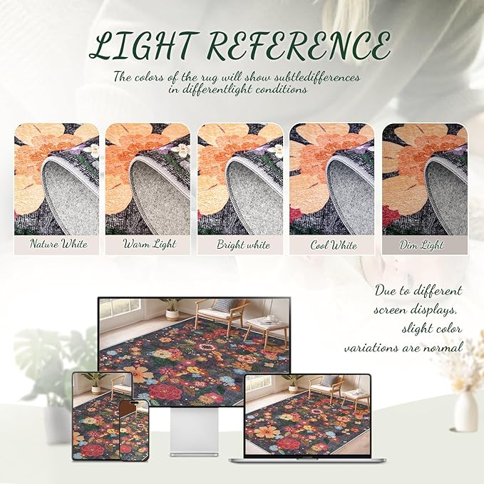 Area Rug Living Room Rugs: 5x7 Washable Rug Vintage Floral Soft Boho Non Slip Carpet Indoor Floor Non Shedding Low Pile Thin Carpets for Bedroom Dining Room Farmhouse Nursery Home Office Black-CubbioJoy