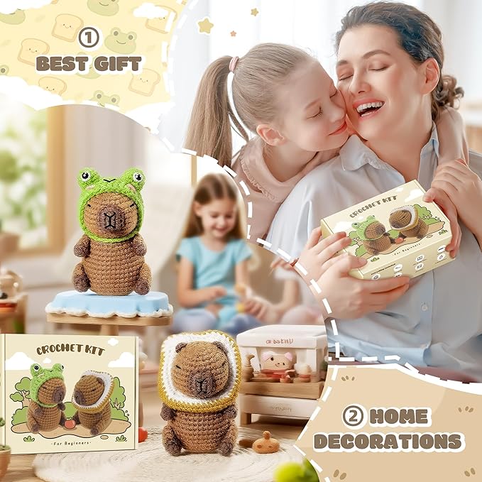 Capybara Crochet Kit for Beginners, 2PCS Capybara with Frog and Bread Hats Crochet Animal Kit with Step-by-Step Video Tutorials, Starters Crocheting Kits, Stuffed Animals Knitting Kit for Kids Adults-CubbioJoy